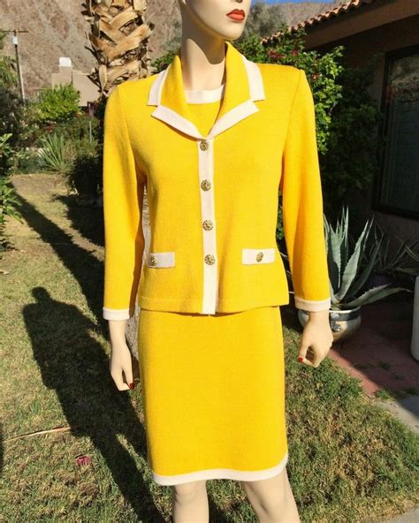 St. John Collection by Marie Gray Knit Suit Bold Pineapple Yellow Gold buttons #StJohn # ...