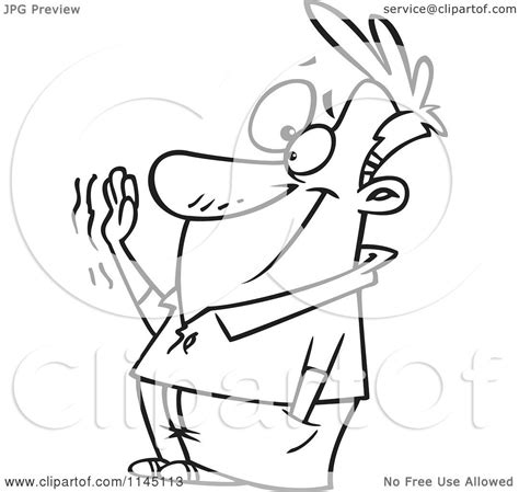 Cartoon Clipart Of A Black And White Happy Man Waving Goodbye - Vector Outlined Coloring Page by ...