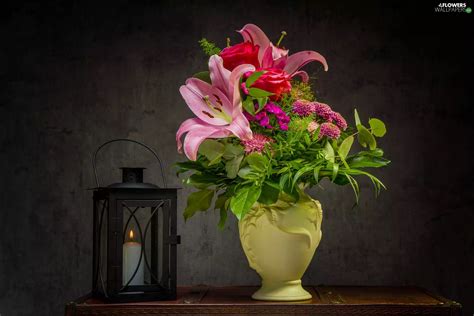 roses, bouquet, candle, lilies, Flowers, Vase, lantern - Flowers wallpapers: 1920x1281