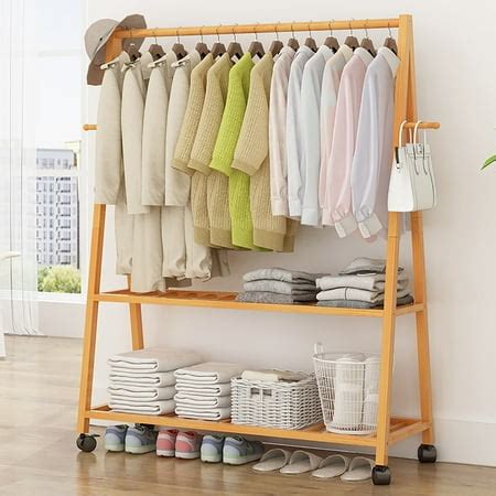 Wood Clothes Rack on Wheels Rolling Garment Rack with 2-Tier Storage Shelves and Coat Hooks for ...