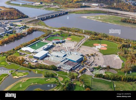 Aerial photo of MacDonald Island Park and Miskanaw golf course on MacDonald Island in Fort ...