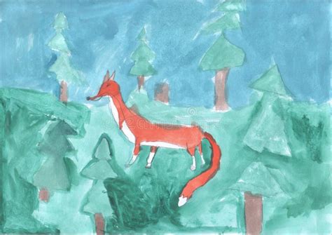 Children`s Drawing - Fox in the Forest Stock Illustration - Illustration of pine, drawing: 115906906