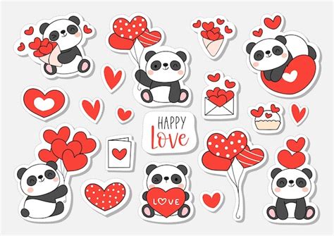 Premium Vector | Draw sticker printable baby panda bear happy love for valentine