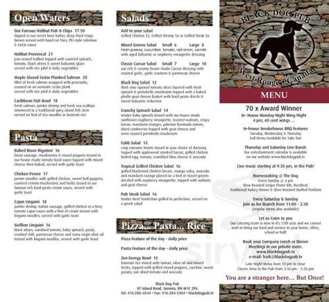 Black Dog Pub menu in Scarborough, Ontario, Canada