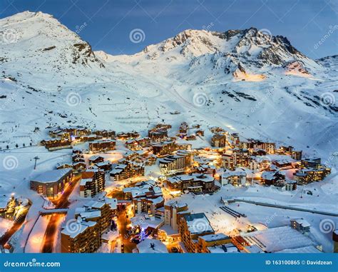 Aerial Drone Shot Dusk View of Val Thorens, Ski Resort in Haut Savoie ...