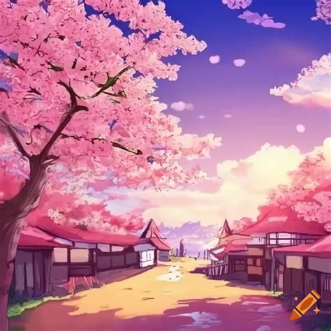 Anime-style illustration of a japanese village with a blooming sakura ...