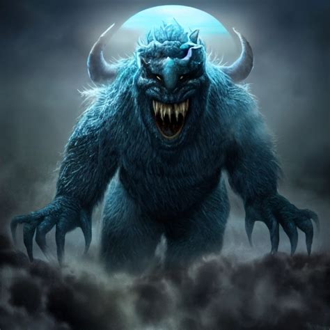 Light blue scary monster on war of monster vs god in | Midjourney