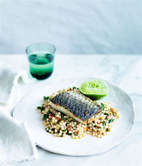 Sea mullet with harissa, preserved lemon, and pearl couscous recipe :: Gourmet Traveller