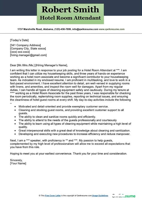 Hotel Room Attendant Cover Letter Examples - QwikResume