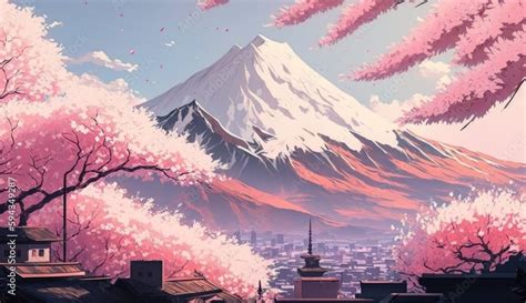 Beautiful pink sakura cherry blossom with mountain, spring landscape, cartoon manga anime art ...