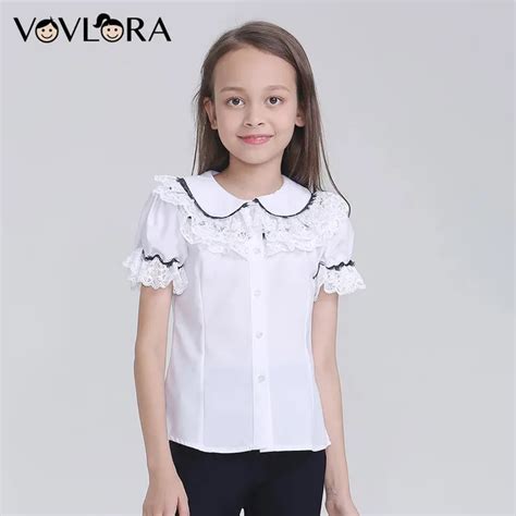 Ruffle Lace White Girls School Blouses Woven Button Short Sleeve Blouse For Children Fashion ...