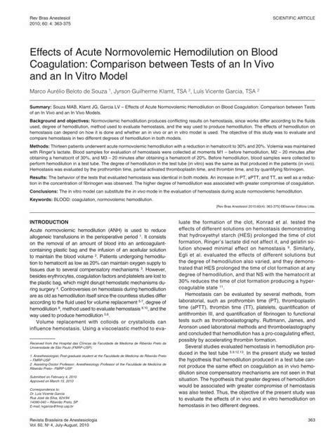 (PDF) Effects of Acute Normovolemic Hemodilution on Blood Coagulation: Comparison between Tests ...