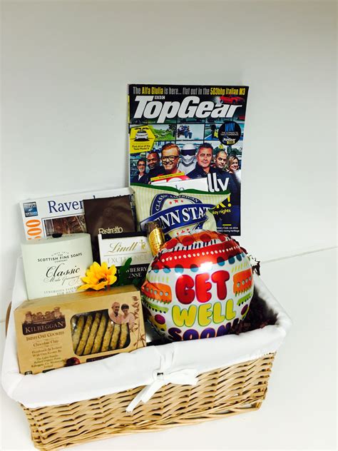 Get well soon basket for him with snacks, magazine, jigsaw and grooming ...