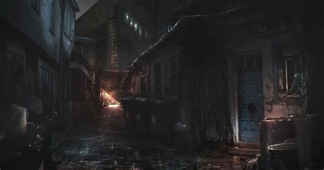 a dark alley with an open door at night