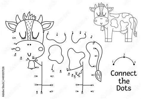 Vector dot-to-dot and color activity with cute cow. On the farm connect the dots game for ...