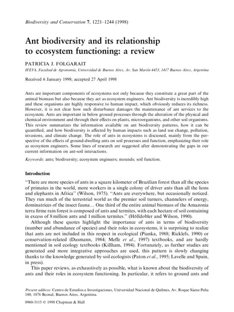 Ant Biodiversity and Its Relationship To Ecosystem Functioning A Review | PDF | Disturbance ...