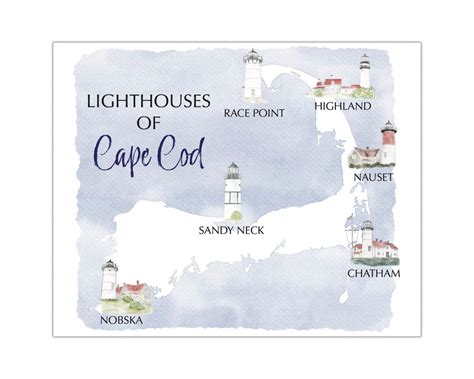 Cape Cod Map of Lighthouses Watercolor Art Print – WonderfullyWritten