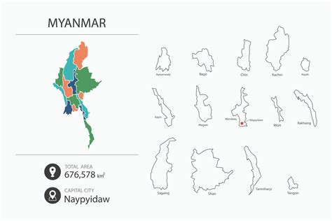 Map of Myanmar with detailed country map. Map elements of cities, total ...