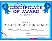 Printable Perfect Attendance Awards School Certificates Templates