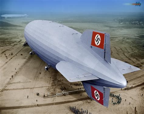 The LZ-129 Hindenburg at Lakehurst Naval Air Station in 1936, colorized ...