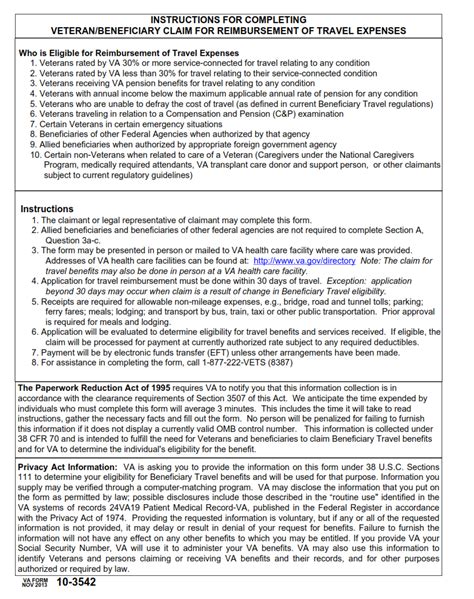 VA Form 10-3542 – Veteran/Beneficiary Claim for Reimbursement of Travel Expenses | Origin Form ...