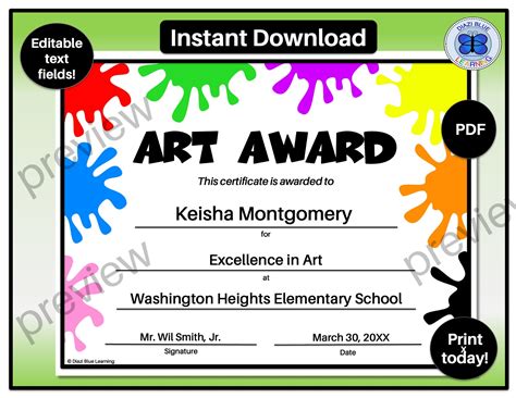 Art Certificate, PDF Art Certificate, Editable Art Certificate, End of Year Art Certificates ...