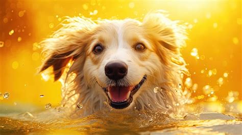 Premium Photo | A dog is swimming in a yellow pool in the style of solarization effect