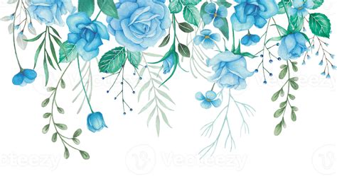 Watercolor Flowers Border Arrangement with Blue Roses and Green Leaves Illustration 11098198 PNG