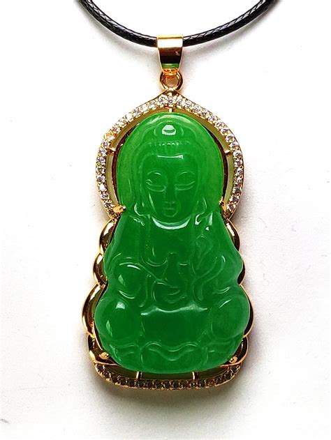 S925 Yellow Gold Natural Green Jade Buddha Amulet Pendants Women Mens Jewelry Gift-in Necklaces ...