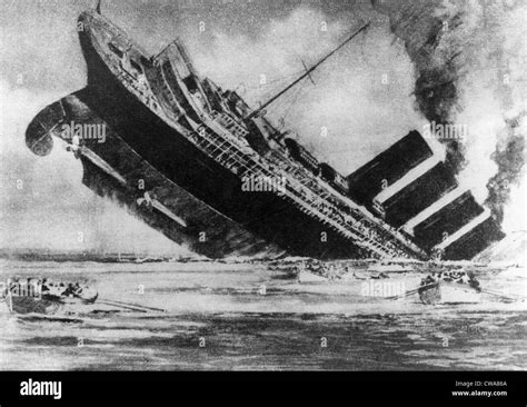 The sinking of the ocean liner, RMS Lusitania, torpedoed by a German U-boat, c. 1915.. Courtesy ...