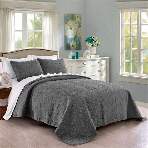 Quilt Set Full/Queen Size Dark Grey - Oversized Bedspread - Soft Microfiber Lightweight Coverlet ...