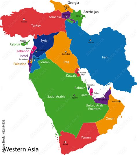 Colorful Western Asia map with countries and capital cities เวกเตอร์ ...