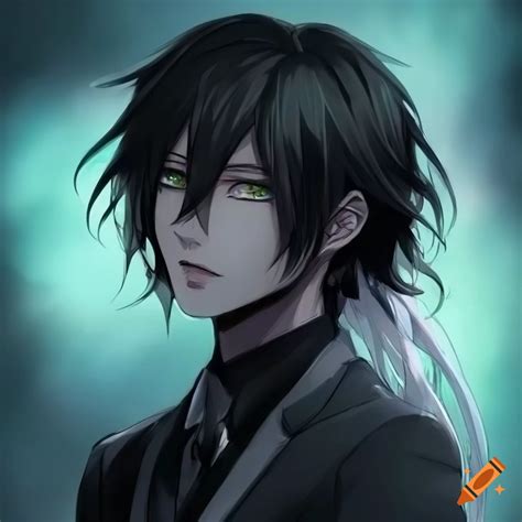 Anime guy with black hair and a white strand of hair. in a black suit. with green eyes on Craiyon