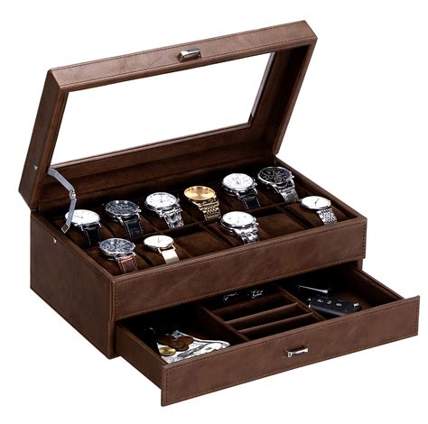 BEWISHOME Watch Box for Men Luxury Watch Organizer Faux Leather Watch ...