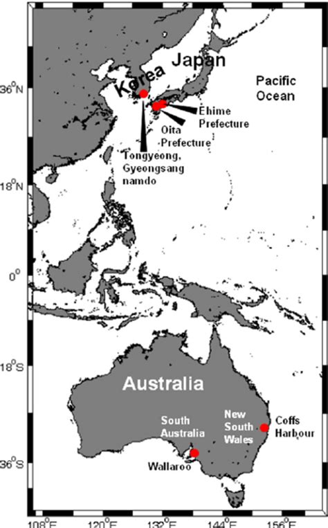 Map showing the countries such as Australia (1983), Japan (2004, 2008 ...