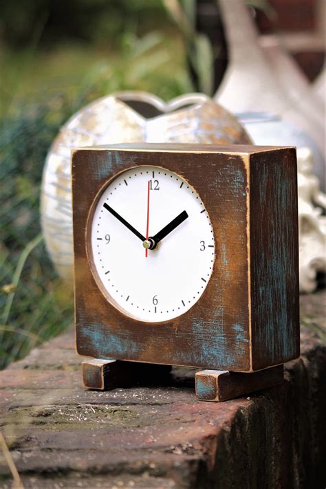 Desk Clock Brown Gold Turquoise, Wooden Table Clock, Unique Square Wood ...