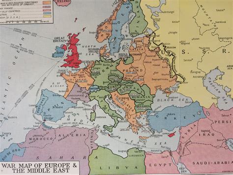 1940s War Map of Europe & the Middle East Original Vintage Map showing Occupied Territories ...