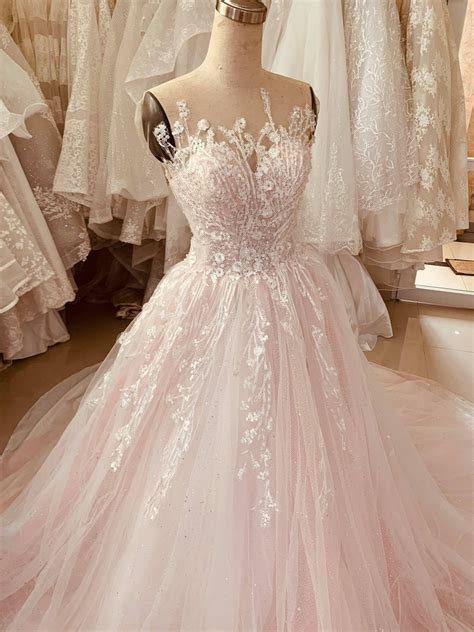 Pastel light pink sleeveless lace applique ball gown wedding dress with tulle and court train