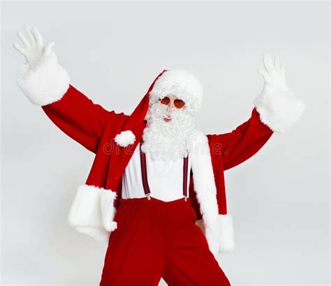 Santa Claus in Sun Glasses and Hands Up Dancing on White Stock Photo - Image of expression ...