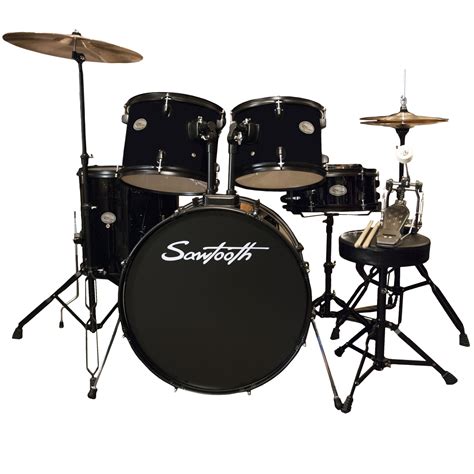 Rise by Sawtooth Full Size 5-Piece Student Drum Set with Hardware and Cymbals, Pitch Black ...