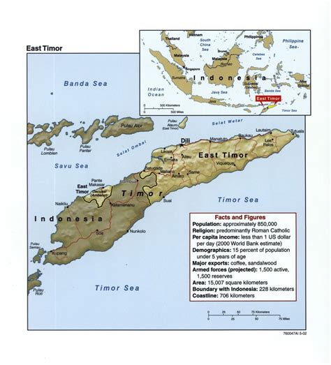 Large detailed political map of East Timor with relief, roads and major ...