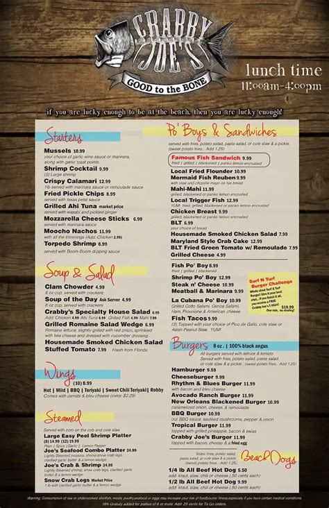 Menu at Crabby Joe's Deck & Grill pub & bar, Daytona Beach Shores