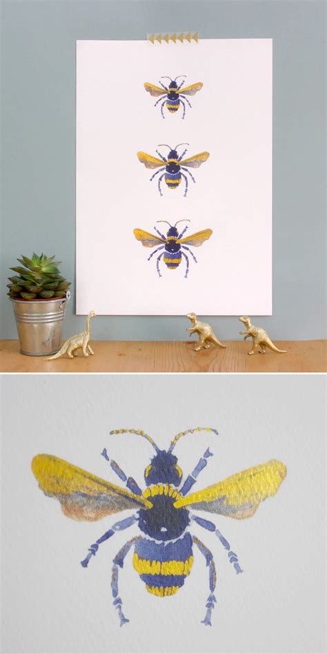 Three Gold Bees Metallic Print | Gold artwork, Bee illustration, Hand painted