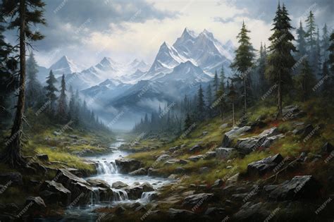 Premium AI Image | A painting of a forest with a mountain in the background