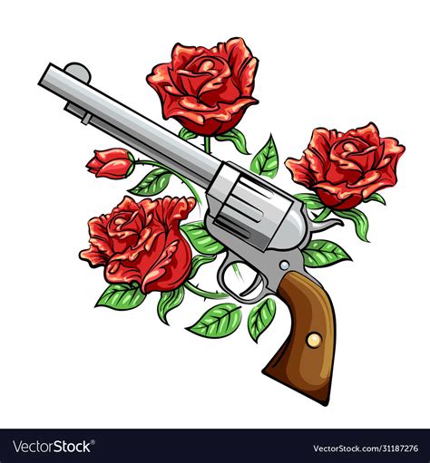 Revolver with rose flowers drawn in vintage style Vector Image