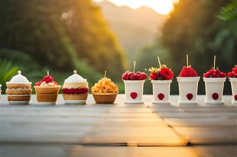 Premium Photo | A row of desserts with fruit and berries on a table.