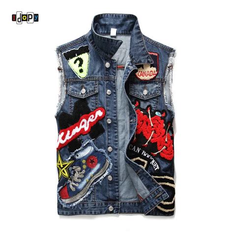 Idopy Men`s Denim Vest Patches Street Style Hip Hop Sequin Embroidery ...