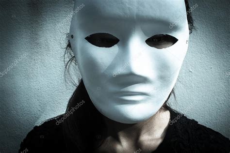 Mysterious woman in black dress wearing white mask — Stock Photo © lighthouse #117934406