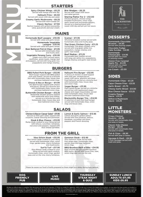 Menus - The Blacksmiths Arms