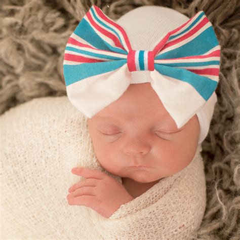 Striped Hospital Hat Blanket BOW - Newborn Girl Hospital Hat - Take Me Home Hat | Baby